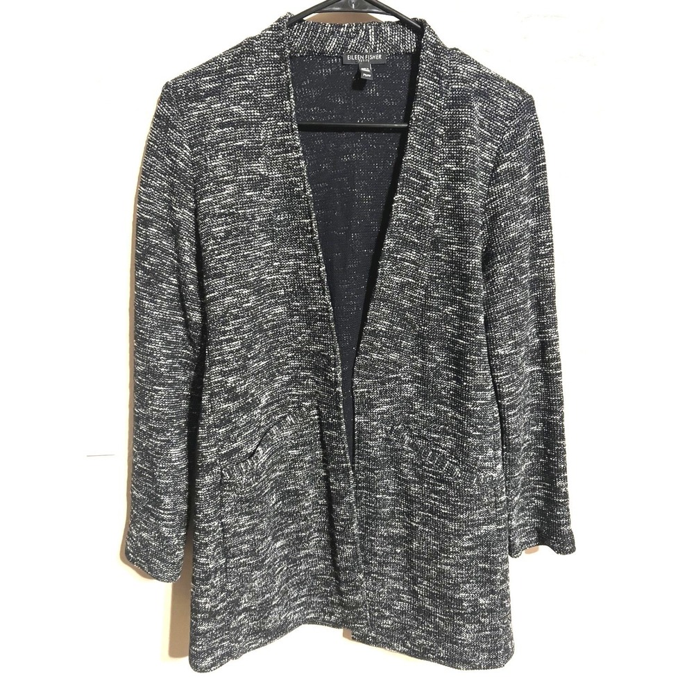 Eileen Fisher Petite Black White Marled Organic Cotton Blend Cardigan Sweater